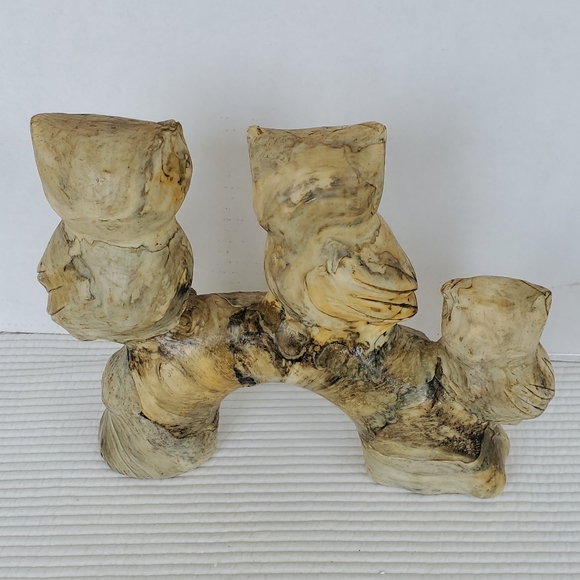 Wood Carved Owls On A Branch Vintage 10"x7" Google Eyes Statue MCM Figurine - Picture 5 of 14